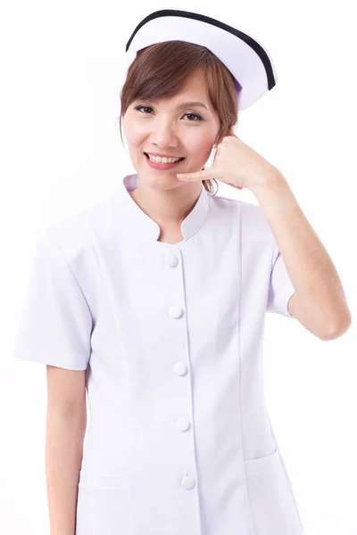 Asiático enfermeira com mão gesto de contato conosco, informações, FAQ — Fotografia de Stock