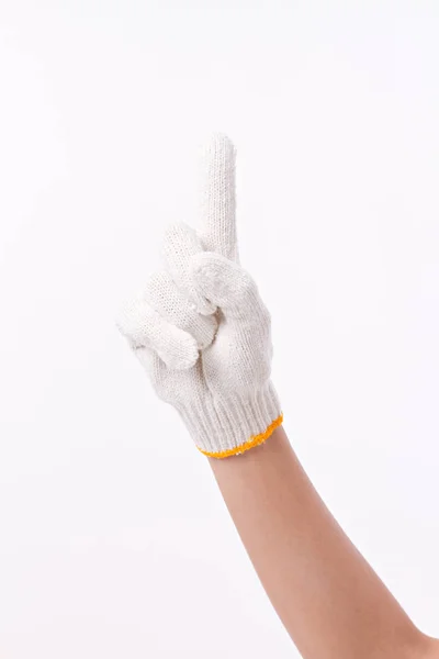Robotnik ręka skierowaną w górę jednym palcem, z rękawic bawełnianych — Zdjęcie stockowe