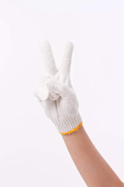 Worker hand pointing up two fingers, with cotton glove — Stock Photo, Image