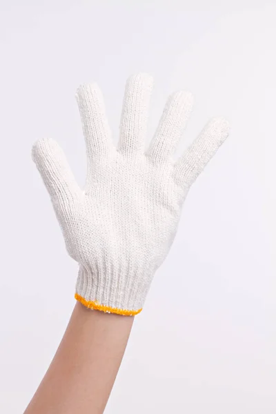 Worker left hand palm pointing up with industrial or agricultural cotton glove — Stock Photo, Image