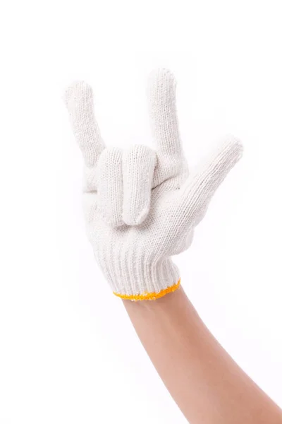 Worker hand showing love gesture with glove — Stock Photo, Image