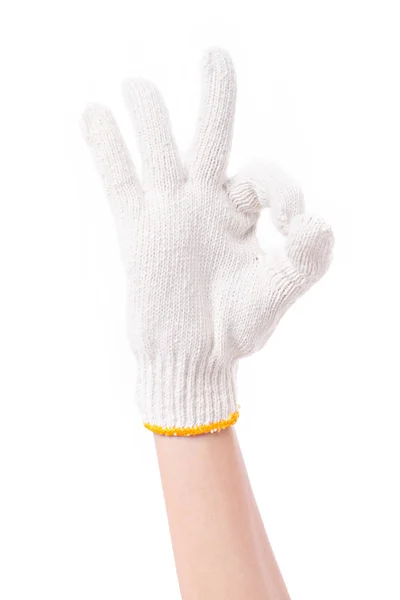 Worker hand pointing up ok hand sign with cotton glove — Stock Photo, Image