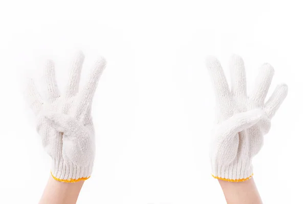 Pekerja dua tangan menunjuk ke atas empat jari, dengan sarung tangan katun — Stok Foto