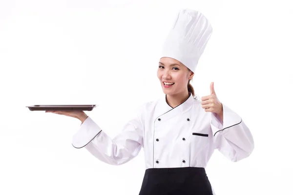 Feliz, sorrindo, chef feminino positivo mostrando polegar para cima — Fotografia de Stock