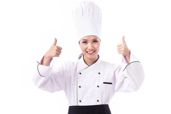 Ευτυχισμένο, χαμογελαστό, θετική θηλυκό σεφ δείχνει διπλό αντίχειρες επάνω — Φωτογραφία Αρχείου