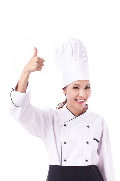 Boldog, mosolyog, a pozitív női szakács hüvelykujj felbukkan — Stock Fotó