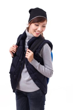 seyahat, uzakta, izole kış stil stüdyo arıyorsunuz mutlu, gülümseyen, pozitif kadın