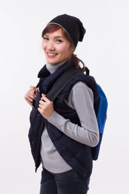 seyahat, izole kış stil stüdyo mutlu, gülümseyen, pozitif kadın