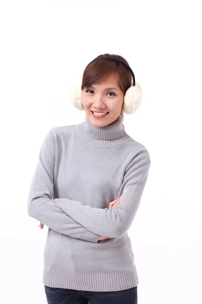 Lycklig, leende, positiva asiatisk kvinna, arm passerar i höst eller vinter klänning — Stockfoto