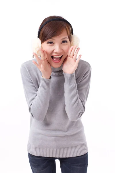 Mujer salida y feliz gritando, hablando, comunicando — Foto de Stock