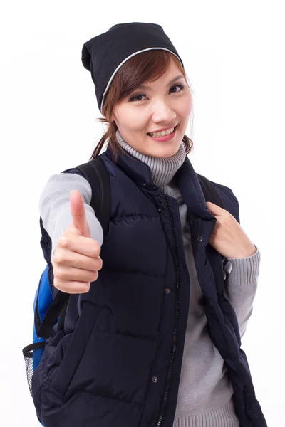 Feliz, mujer sonriente viajero dando pulgar hacia arriba — Foto de Stock