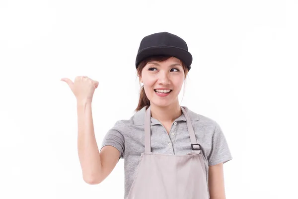 Feliz, mulher sorridente trabalhador apontando polegar para cima gesto — Fotografia de Stock