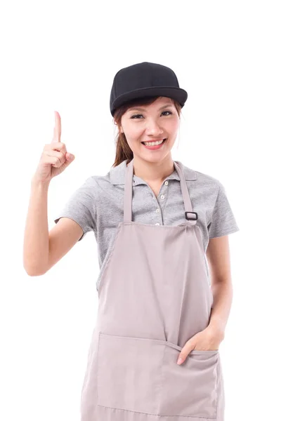 Feliz, trabajadora sonriente apuntando con el dedo hacia arriba —  Fotos de Stock