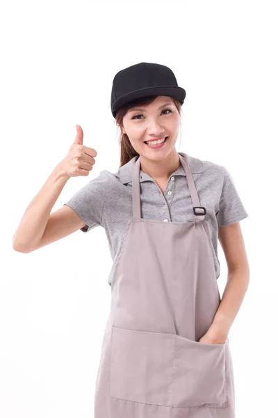 Feliz, mujer sonriente trabajador señalando el pulgar hacia arriba gesto —  Fotos de Stock