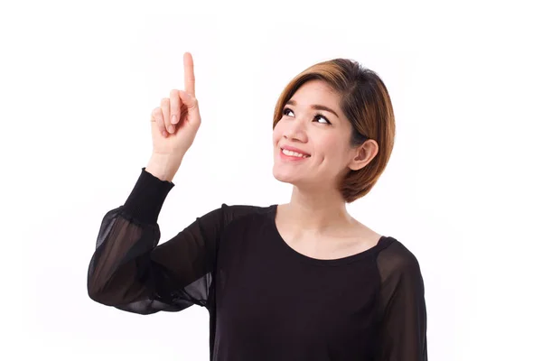 Mujer feliz señalando con la mano y el dedo hacia el espacio en blanco, estudio aislado —  Fotos de Stock