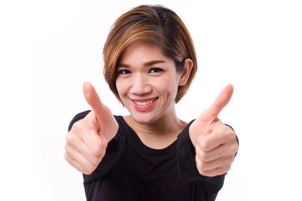 Happy woman giving two thumbs up, studio white isolate — Stock Photo, Image