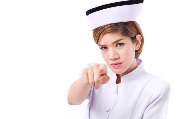 Angry nurse pointing at you, studio isolated — Stock Photo, Image