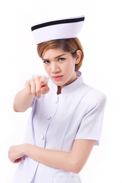 Angry nurse pointing at you, studio isolated — Stock Photo, Image