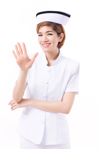 Nurse pointing 5 fingers up — Stock Photo, Image