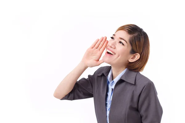 Empresaria gritando, hablando, mirando hacia arriba, estudio aislado — Foto de Stock