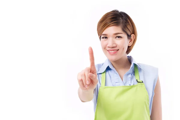 Усміхнена, щаслива, позитивна жінка власник малого бізнесу вказує на 1 палець — стокове фото