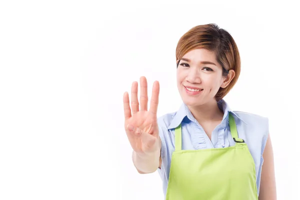 Усміхнена, щаслива, позитивна жінка власник малого бізнесу, вказуючи 4 пальці — стокове фото