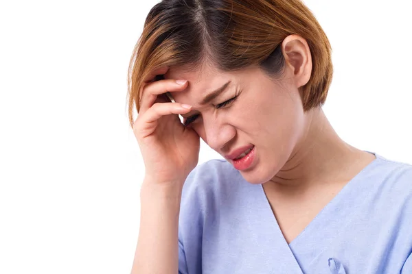 Paziente donna che soffre di mal di testa, dolore — Foto Stock