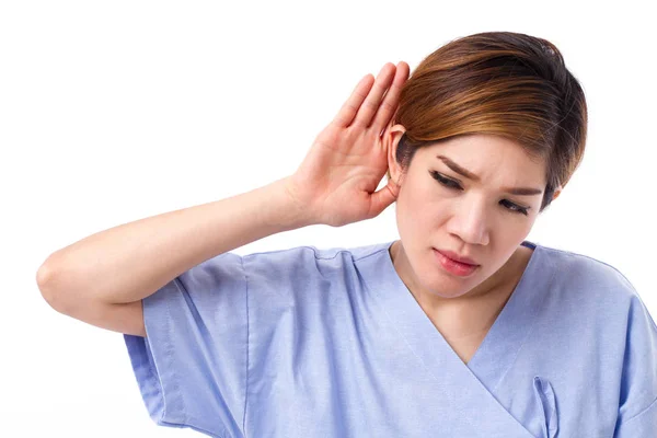 Mujer con pérdida auditiva o dificultad auditiva —  Fotos de Stock