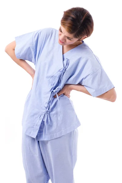 Mujer que sufre de dolor de espalda, columna vertebral o lesión muscular espinal — Foto de Stock