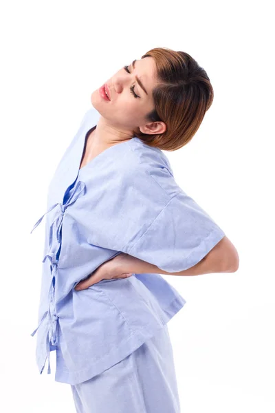Kvinna som lider av smärta i ryggen, ryggrad eller spinal muskelskada — Stockfoto
