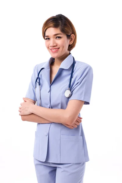 Happy, smiling, welcoming nurse white isolated background — Stock Photo, Image