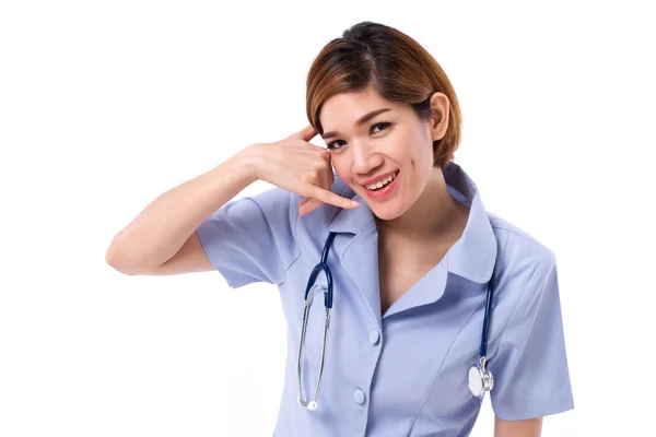 Γυναίκα νοσοκόμα με επαφή ή πληροφορίες χειρονομία — Φωτογραφία Αρχείου