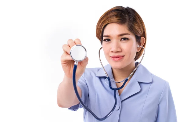 Confident, happy, positive female doctor checking your body — Stock Photo, Image