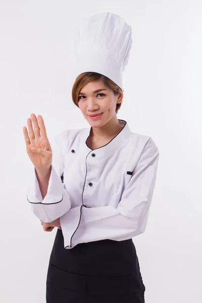 Femmina asiatico chef indicando fino quattro dita gesto — Foto Stock