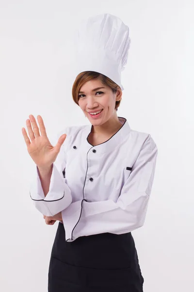 Femmina asiatico chef indicando fino cinque dita gesto — Foto Stock