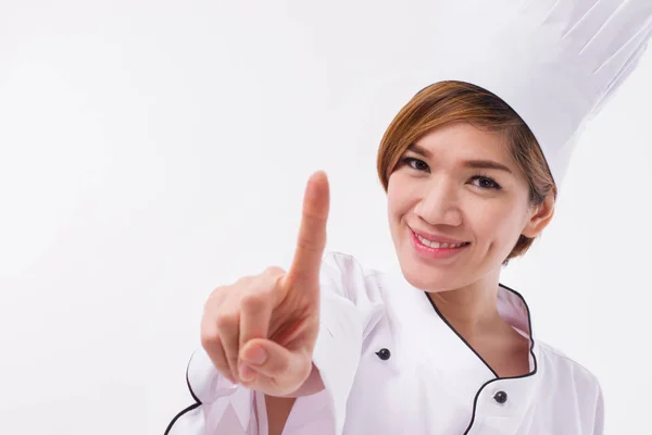 Feminino ásia chef apontando até um dedo gesto — Fotografia de Stock