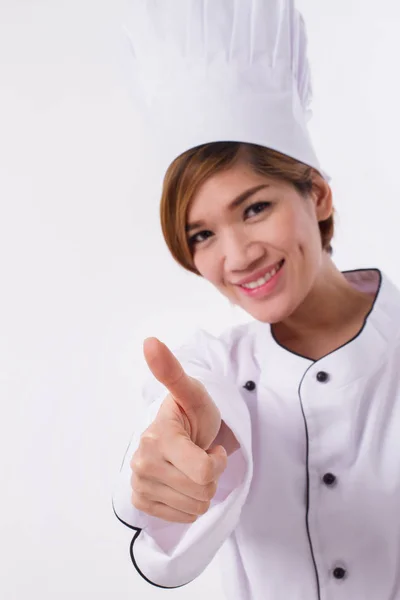 Feliz, sorrindo, positiva, mulher bem sucedida chef mostrando gesto polegar para cima — Fotografia de Stock