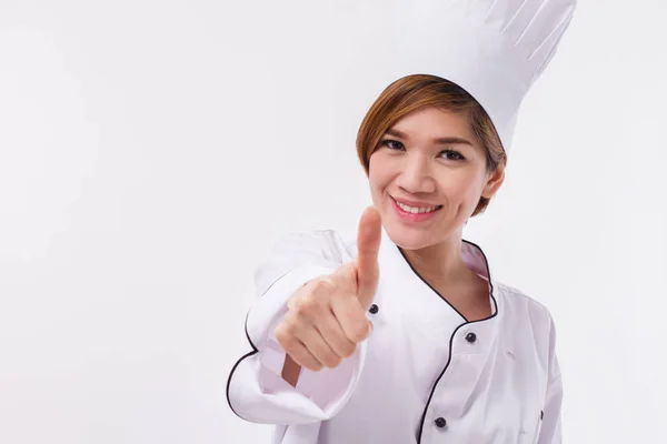 Feliz, sonriente, positiva, exitosa mujer chef mostrando el pulgar hacia arriba gesto —  Fotos de Stock