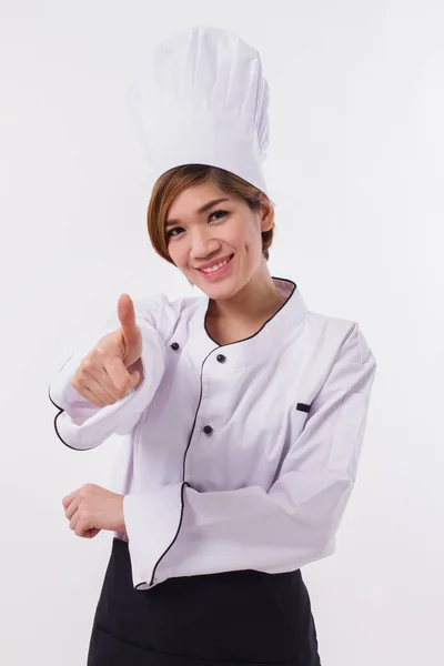 Feliz, sorrindo, positiva, mulher bem sucedida chef mostrando gesto polegar para cima — Fotografia de Stock