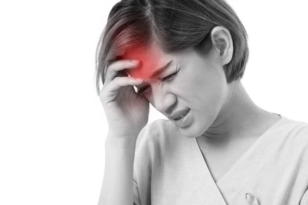 Paziente donna che soffre di mal di testa, dolore — Foto Stock