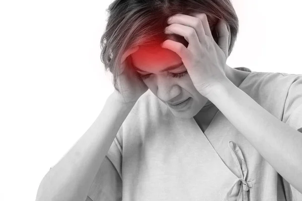 Paciente mulher que sofre de dor de cabeça, dor — Fotografia de Stock