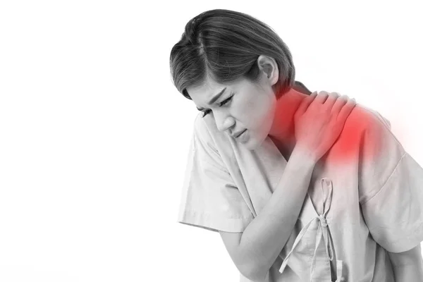 Woman with shoulder or neck pain, stiffness, injury — Stock Photo, Image