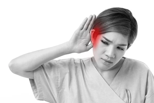 Mulher com perda auditiva ou dificuldade de audição — Fotografia de Stock