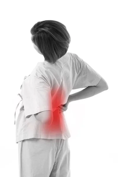 Mulher que sofre de dor nas costas, coluna vertebral ou lesão muscular espinhal — Fotografia de Stock