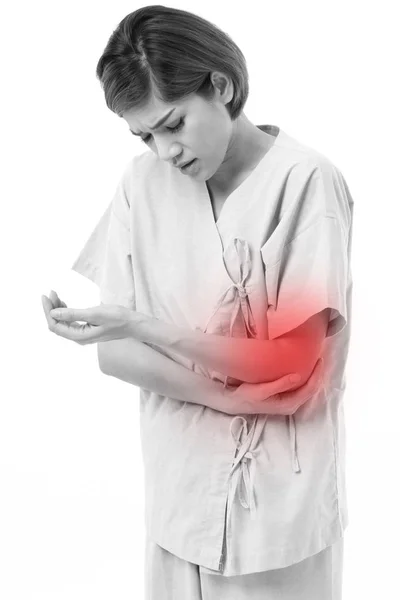 Mujer que sufre de dolor articular del codo, artritis, gota — Foto de Stock