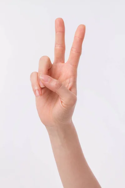 Mano mostrando, apuntando hacia arriba 2 dedos, gesto de victoria mano —  Fotos de Stock