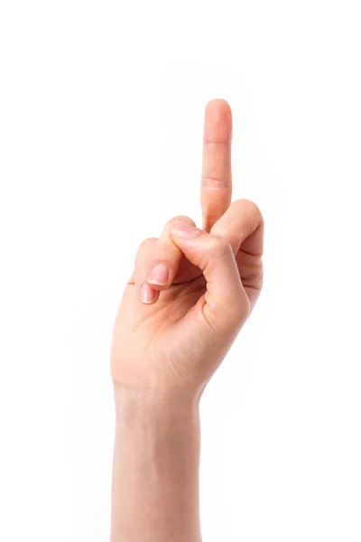 Mano rivolta verso l'alto dito medio, concetto di segno della mano maleducato o gesto della mano, studio isolato — Foto Stock