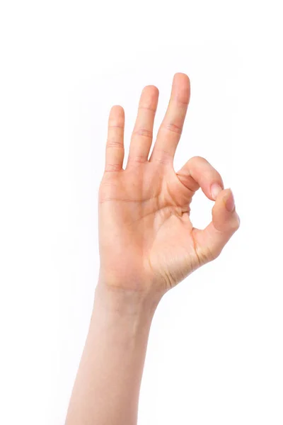 Woman hand pointing up okay, yes, accepting hand sign, studio isolated — Stock Photo, Image