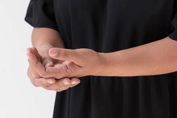 Woman suffering from trigger finger, pain, gout, arthritis, injury, muscle or tendon issue problem — Stock Photo, Image