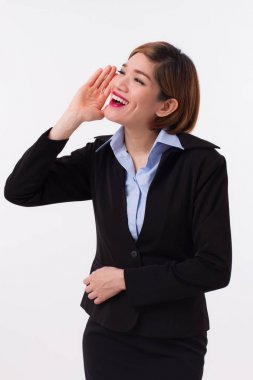 bağırarak, mutlu, başarılı, kendine güvenen işkadını communicationg, ilan